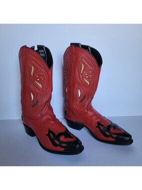 ACME Vintage Y2K Festival Red Leather Cowgirl Cowboy Inlays Design Boots. Sz 7.5